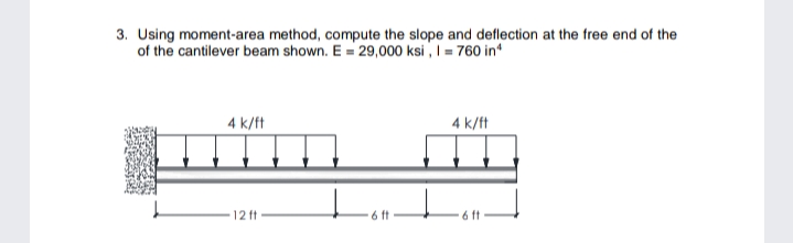 3. Using moment-area method, compute the slope and deflection at the free end of the
of the cantilever beam shown. E = 29,000 ksi , I = 760 in
4 k/ft
4 k/ft
12 ft
6 ft
6 ft
