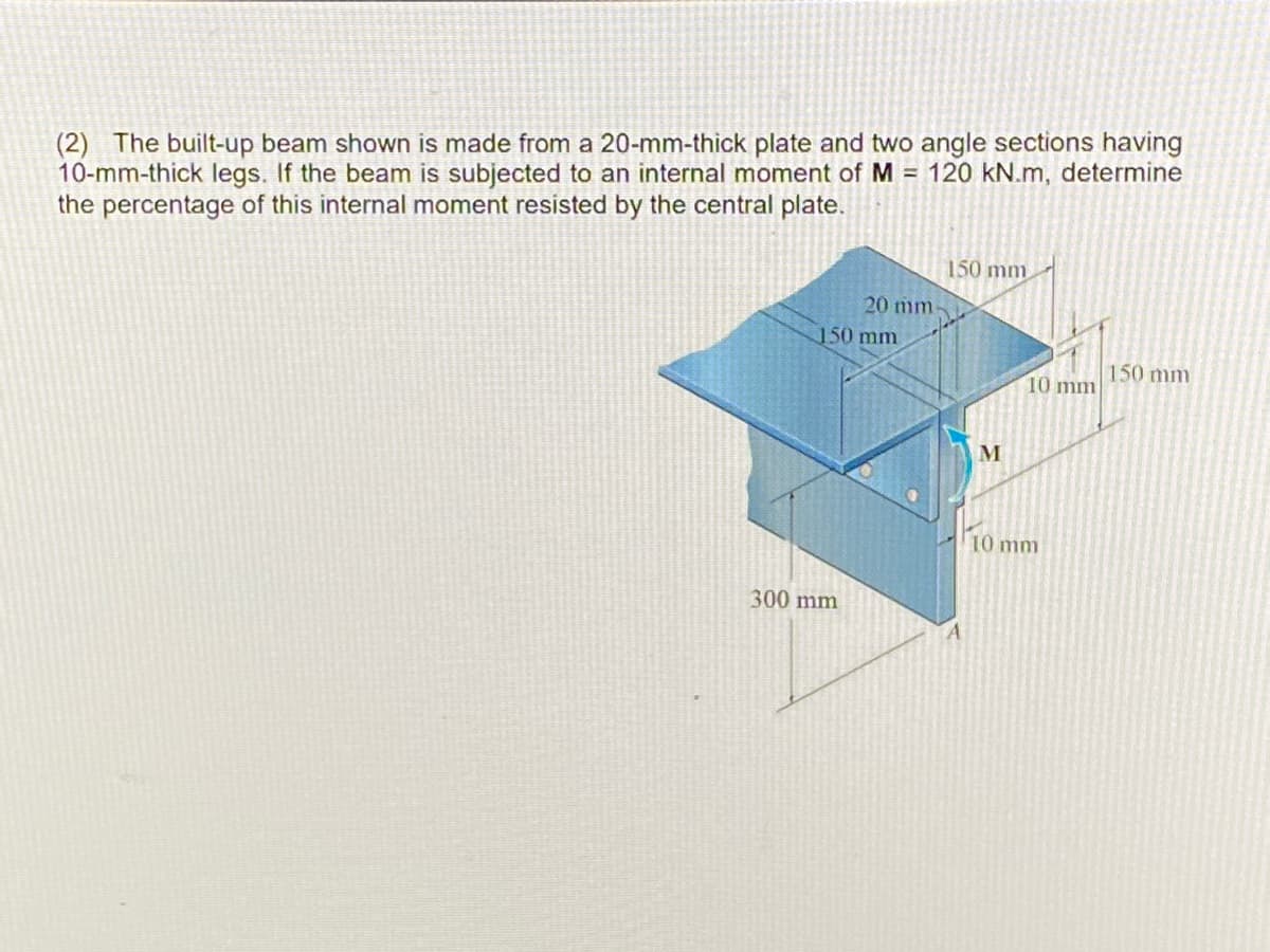 (2) The built-up beam shown is made from a 20-mm-thick plate and two angle sections having
10-mm-thick legs. If the beam is subjected to an internal moment ofM = 120 kN.m, determine
the percentage of this internal moment resisted by the central plate.
150 mm
20 mm
150 mm
150 mm
10 mm
10 mm
300 mm
