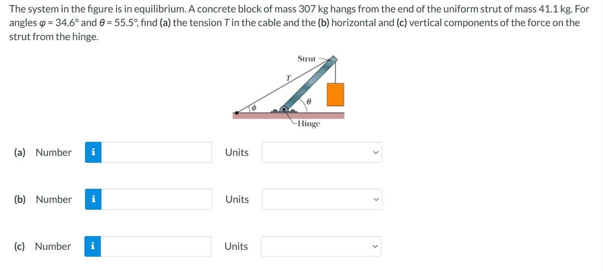 The system in the figure is in equilibrium. A concrete block of mass 307 kg hangs from the end of the uniform strut of mass 41.1 kg. For
angles = 34.6° and 0 = 55.5°, find (a) the tension T in the cable and the (b) horizontal and (c) vertical components of the force on the
strut from the hinge.
Strut
T
z
8
-Hinge
(a) Number
(b) Number
(c) Number
Units
Units
Units