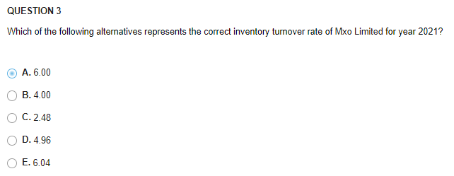 QUESTION 3
Which of the following alternatives represents the correct inventory turnover rate of Mxo Limited for year 2021?
A. 6.00
B. 4.00
C. 2.48
D. 4.96
E. 6.04
