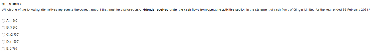 QUESTION 7
Which one of the following alternatives represents the correct amount that must be disclosed as dividends received under the cash flows from operating activities section in the statement of cash flows of Ginger Limited for the year ended 28 February 2021?
O A. 1900
O B. 3 500
O C. (2 700)
O D. (1 900)
O E. 2 700

