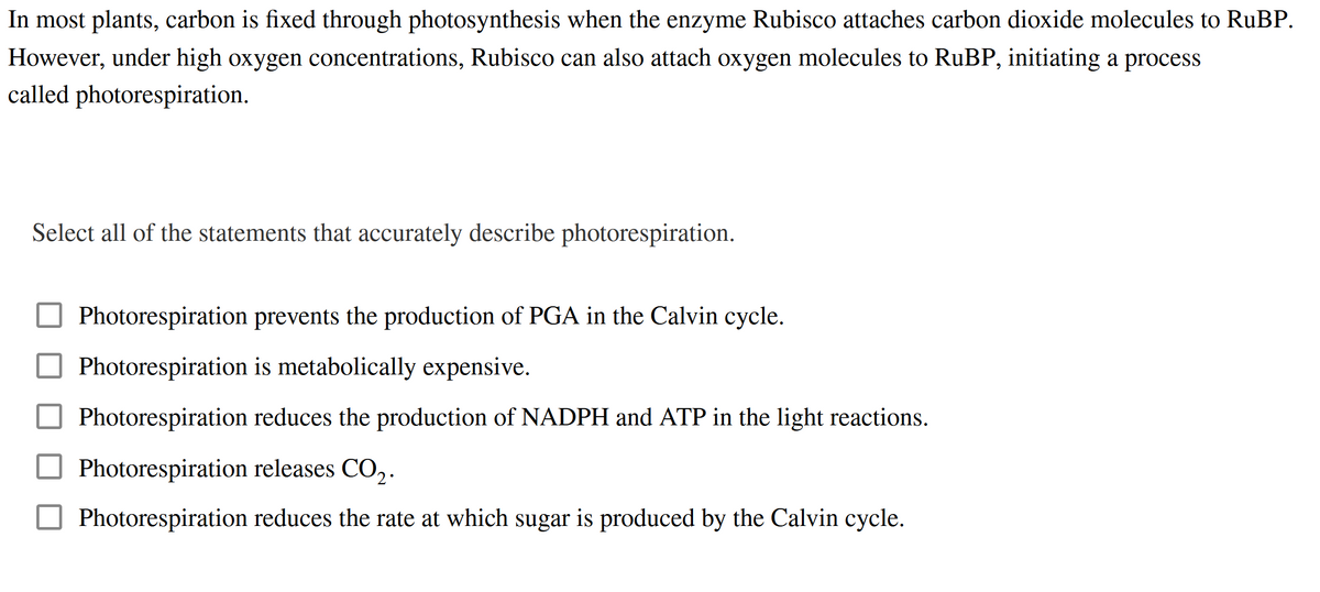 In most plants, carbon is fixed through photosynthesis when the enzyme Rubisco attaches carbon dioxide molecules to RuBP.
However, under high oxygen concentrations, Rubisco can also attach oxygen molecules to RuBP, initiating a process
called photorespiration.
Select all of the statements that accurately describe photorespiration.
Photorespiration prevents the production of PGA in the Calvin cycle.
Photorespiration is metabolically expensive.
Photorespiration reduces the production of NADPH and ATP in the light reactions.
Photorespiration releases CO,.
Photorespiration reduces the rate at which sugar is produced by the Calvin cycle.
