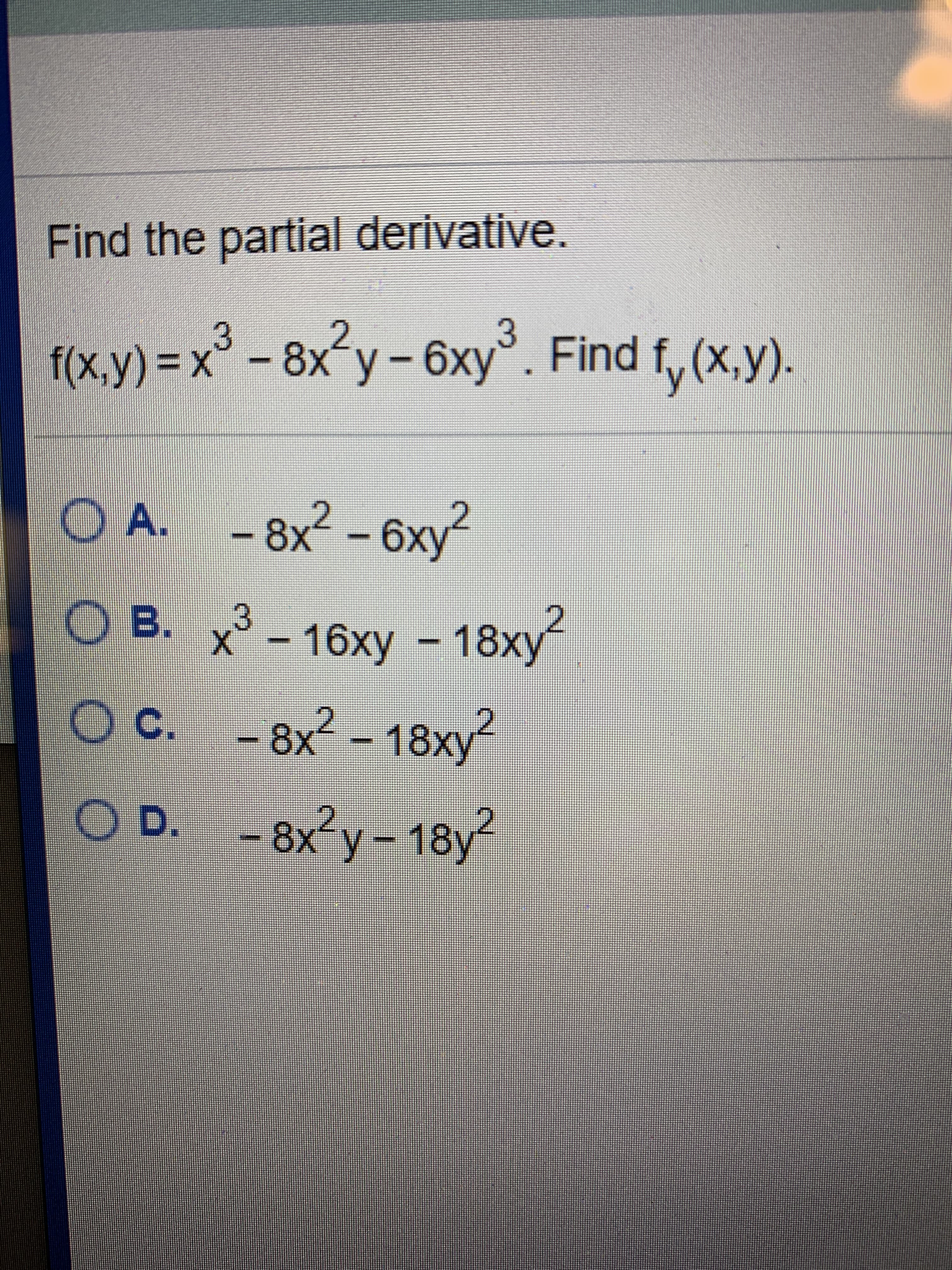 he partial derivative.
x²
8x y-6xy. Find f, (x.y).
3

