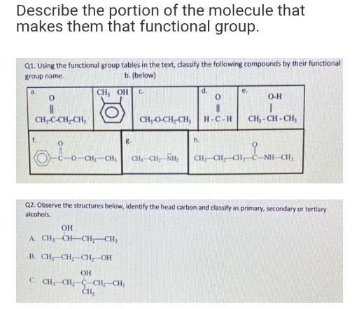 Describe the portion of the molecule that
makes them that functional group.
Q1. Using the functional group tables in the text, classify the following compounds by their functional
group name.
b. (below)
d.
e.
CH, OH
C.
a.
O-H
CH,-C-CH-CH,
CH,-0-CH,-CH,
H-C-H
CH, - CH - CH,
h.
CH-CH,
CH, CH, NH,
CHy-CH CH,
NH CH,
Q2. Observe the structures below, identify the head carbon and classify as primary, secondary or tertiary
alcohols.
OH
A CH CH-CH CH,
B. CH,-CH,-CH,-OH
OH
C. CH CH;-C-CH,-CH,
