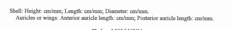 Shell: Height: em/mm; Length: cm/mm; Diameter: cm/mm.
Auricles or wings: Anterior auricle length: cm/mm; Posterior auricle length: cm/mm.
