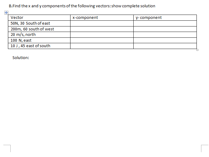 B.Find the x and y components of the following vectors: show complete solution
Vector
x-component
y- component
50N, 30 South of east
200m, 60 south of west
20 m/s, north
100 N, east
10 J, 45 east of south
Solution:
