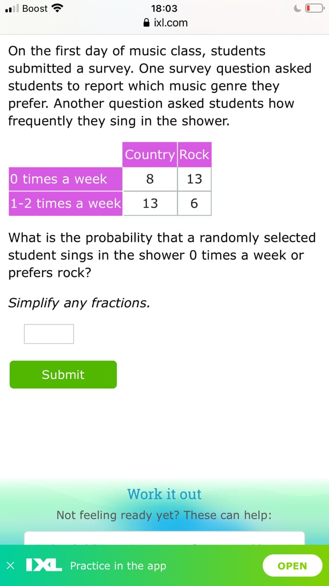 l Boost ?
18:03
A ixl.com
On the first day of music class, students
submitted a survey. One survey question asked
students to report which music genre they
prefer. Another question asked students how
frequently they sing in the shower.
Country Rock
0 times a week
8.
13
1-2 times a week
13
What is the probability that a randomly selected
student sings in the shower 0 times a week or
prefers rock?
Simplify any fractions.
Submit
Work it out
Not feeling ready yet? These can help:
X IXL Practice in the app
OPEN
