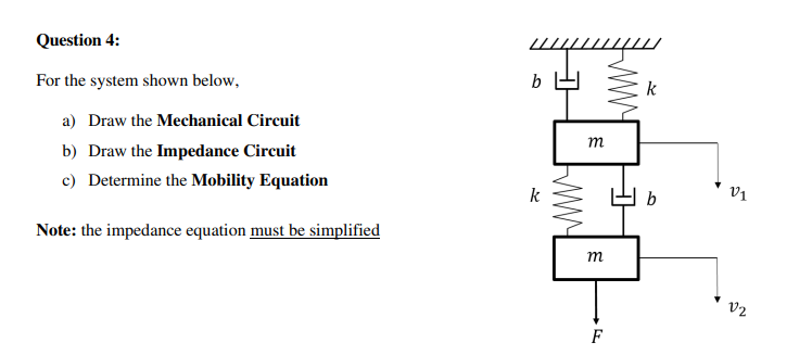 Question 4:
For the system shown below,
b
k
a) Draw the Mechanical Circuit
m
b) Draw the Impedance Circuit
c) Determine the Mobility Equation
b
Note: the impedance equation must be simplified
m
v2
F
ww
