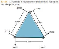 F3-20. Detemine the resultant couple moment acting on
the triangular plate.
200 N
150 N
0.4 m
04 m
200 N
150N
-04m
300 N
300 N

