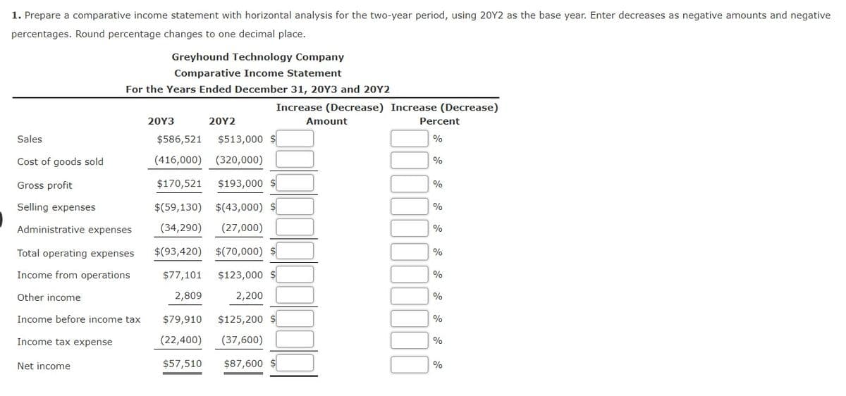 1. Prepare a comparative income statement with horizontal analysis for the two-year period, using 20Y2 as the base year. Enter decreases as negative amounts and negative
percentages. Round percentage changes to one decimal place.
Greyhound Technology Company
Comparative Income Statement
For the Years Ended December 31, 20Y3 and 20Y2
Increase (Decrease) Increase (Decrease)
20Υ3
20Υ2
Amount
Percent
Sales
$586,521
$513,000 $
%
Cost of goods sold
(416,000)
(320,000)
%
Gross profit
$170,521
$193,000 $
%
Selling expenses
$(59,130)
$(43,000) $
%
Administrative expenses
(34,290)
(27,000)
Total operating expenses
$(93,420) $(70,000) $
%
Income from operations
$77,101
$123,000 $
%
Other income
2,809
2,200
%
Income before income tax
$79,910
$125,200 $
Income tax expense
(22,400)
(37,600)
%
Net income
$57,510
$87,600 $
%
