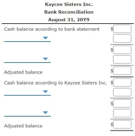 Kaycee Sisters Inc.
Bank Reconciliation
August 31, 20Y9
Cash balance according to bank statement
Adjusted balance
Cash balance according to Kaycee Sisters Inc. $
Adjusted balance
%24
%24
%24
%24
