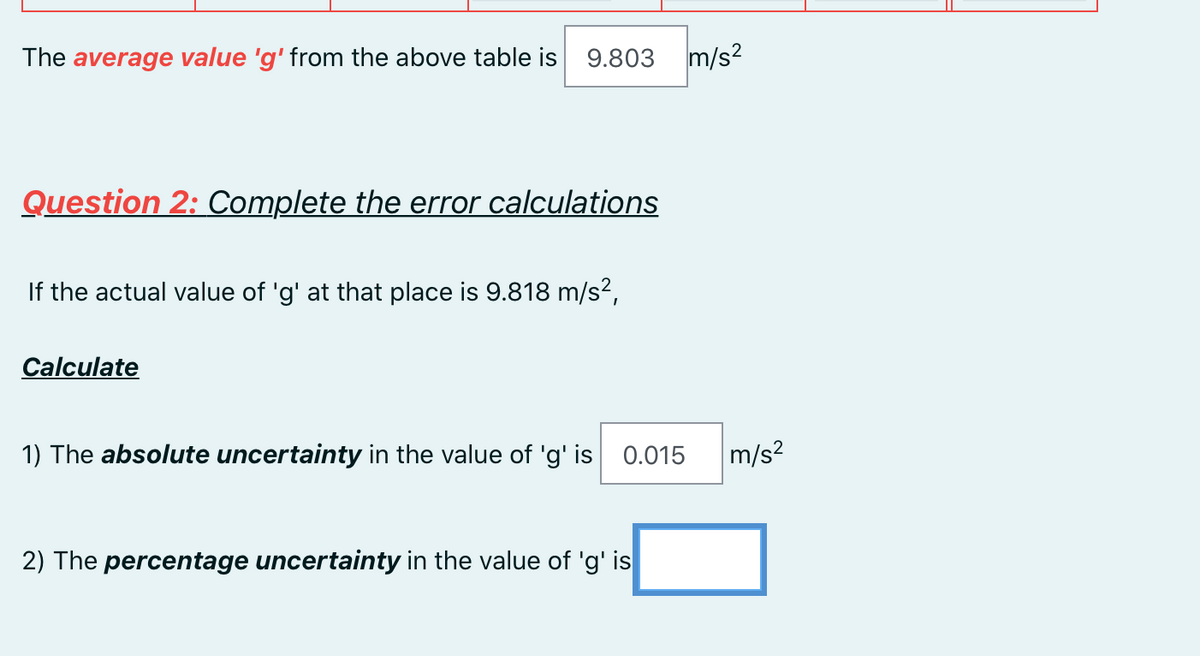 The average value 'g' from the above table is 9.803 m/s?
Question 2: Complete the error calculations
If the actual value of 'g' at that place is 9.818 m/s2,
Calculate
1) The absolute uncertainty in the value of 'g' is 0.015
m/s?
2) The percentage uncertainty in the value of 'g' is
