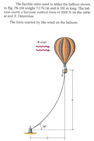 The flexible cable used to tether the balloon shown
in Fig. PS-104 weighs 7.0 N/m and is 100 m long. The bal-
loon exerts a buoyant vertical force of 2000 N on the cable
at end B. Determine
The force exerted by the wind on the balloon.
F wind
B
30°
