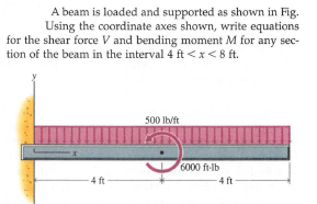 A beam is loaded and supported as shown in Fig.
Using the coordinate axes shown, write equations
for the shear force V and bending moment M for any sec-
tion of the beam in the interval 4 ft <x< 8 ft.
500 Ib/ft
6000 ft-lb
4 ft
4 ft
