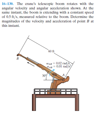 16-130. The crane's telescopic boom rotates with the
angular velocity and angular acceleration shown. At the
same instant, the boom is extending with a constant speed
of 0.5 ft/s, measured relative to the boom. Determine the
magnitudes of the velocity and acceleration of point B at
this instant.
60 ft
WAB = 0.02 rad/s
= 0.01 rad/s/
a AB
30

