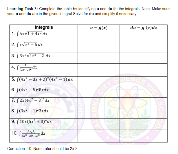 Learning Task 3: Complete the table by identifying u and du for the integrals. Note: Make sure
your u and du are in the given integral.Solve for du and simplify if necessary.
u = g(x)
du = g'(x)dx
Integrals
1. [ 5xv1 + 4x² dx
2. fxvx2 – 6 dx
3. [ 3x²V4x³ + 2 dx
4. S
1
dx
(2x-3)4
NGEIGH
5. [(4x³ – 3x + 2)²(4x² – 1) dx
6. [(4x² – 5)²8xdx
7. S 2x(4x² – 3)Fdx
8. [(3x² – 1)²3xdx
9. [ 10x(5x² + 3)*dx
(2x_3)
10. S
dx
(x2-3x+1)3
Correction: 10. Numerator should be 2x-3
CEVIG/SCHOO
