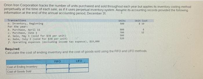 Orion Iron Corporation tracks the number of units purchased and sold throughout each year but applies its inventory costing method
perpetually at the time of each sale, as if it uses perpetual inventory system. Assume its accounting records provided the following
information at the end of the annual accounting period, December 31.
Transactions
a. Inventory, Beginning
For the year:
b. Purchase, April 11
c. Purchase, June 1
d. Sale, May 1 (sold for $38 per unit)
e. Sale, July 3 (sold for $38 per unit)
f. Operating expenses (excluding income tax expense), $19,000
Cost of Ending Inventory
Cost of Goods Sold
FIFO
Units
500
LIFO
500
700
500
520
Required:
Calculate the cost of ending inventory and the cost of goods sold using the FIFO and LIFO methods.
Unit Cost
$ 10
8
12