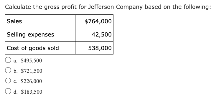 Calculate the gross profit for Jefferson Company based on the following:
Sales
$764,000
Selling expenses
42,500
Cost of goods sold
538,000
a. $495,500
O b. $721,500
O c. $226,000
O d. $183,500