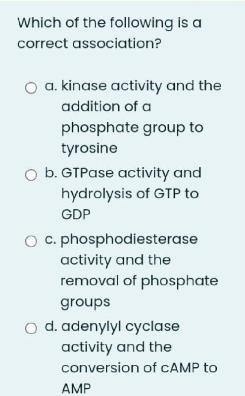 Which of the following is a
correct association?
a. kinase activity and the
addition of a
phosphate group to
tyrosine
b. GTPase activity and
hydrolysis of GTP to
GDP
c. phosphodiesterase
activity and the
removal of phosphate
groups
o d. adenylyl cyclase
activity and the
conversion of CAMP to
AMP
