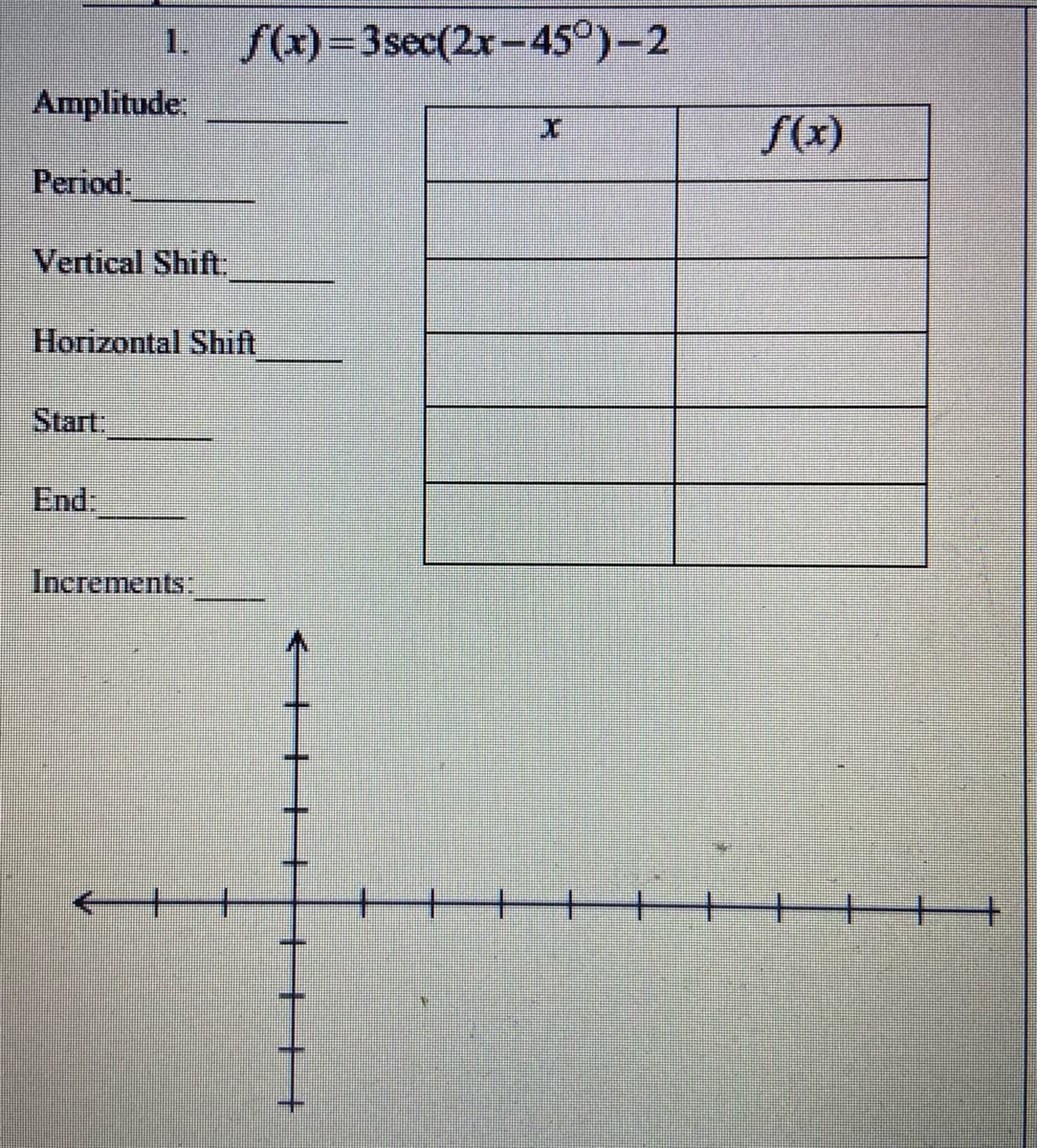 1.
f(x)=3sec(2x-45°)-2
Amplitude.
f(x)
Period:
Vertical Shift
Horizontal Shift
Start
End:
Increments:

