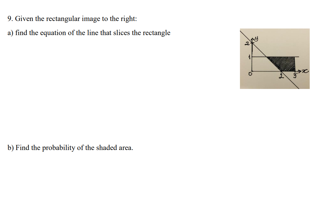 9. Given the rectangular image to the right:
a) find the equation of the line that slices the rectangle
b) Find the probability of the shaded area.
