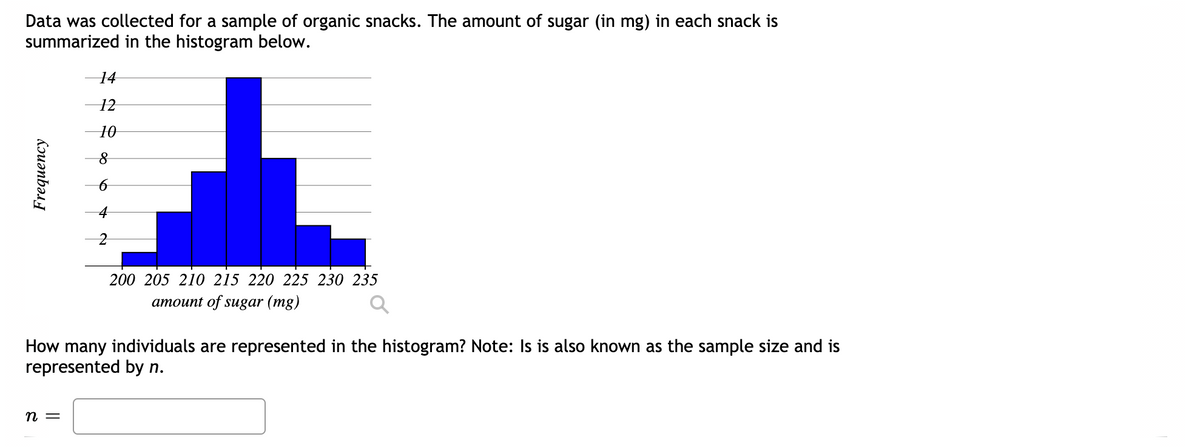 Data was collected for a sample of organic snacks. The amount of sugar (in mg) in each snack is
summarized in the histogram below.
14
12
10
4
200 205 210 215 220 225 230 235
amount of sugar (mg)
How many individuals are represented in the histogram? Note: Is is also known as the sample size and is
represented by n.
п —
Frequency
