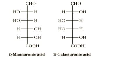 СНО
CHO
Но-
-H
H
HO-
Но-
--
HO
H-
H-
Но
H-
но-
HO.
H-
HO-
СООН
СООН
D-Mannuronic acid
D-Galacturonic acid
