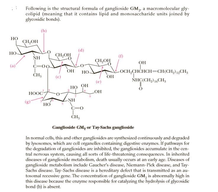 Following is the structural formula of ganglioside GM, a macromolecular gly-
colipid (meaning that it contains lipid and monosaccharide units joined by
glycosidic bonds).
(b)
Но
CH,OH
(d)
HO
CH,OH
(f)
NH
CH,OH
OH
(a)
C=0-
OCH,CHCHCH=CH(CH,)12CH3
OH
ОН
Но.
ČH3
(c)
NHC(CH,) 16CH3
(e)
НО ОН
OH
НООС
NH
HO
C=O
CH3
Ganglioside GM or Tay-Sachs ganglioside
In normal cells, this and other gangliosides are synthesized continuously and degraded
by lysosomes, which are cell organelles containing digestive enzymes. If pathways for
the degradation of gangliosides are inhibited, the gangliosides accumulate in the cen-
tral nervous system, causing all sorts of life-threatening consequences. In inherited
diseases of ganglioside metabolism, death usually occurs at an early age. Diseases of
ganglioside metabolism include Gaucher's disease, Niemann-Pick disease, and Tay-
Sachs disease. Tay-Sachs disease is a hereditary defect that is transmitted as an au-
tosomal recessive gene. The concentration of ganglioside GM, is abnormally high in
this disease because the enzyme responsible for catalyzing the hydrolysis of glycosidic
bond (b) is absent.
