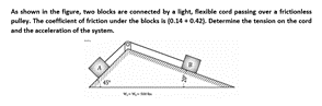 As shown in the figure, two blocks are connected by a light, lesible coed passing over a frietionless
pulley. The coetticient of friction under the blocks is (0.14 + 0.42. Determine the tension on the cord
and the acceleration of the ystem.

