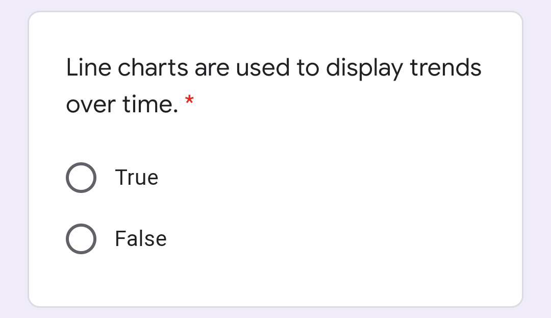 Line charts are used to display trends
over time. *
True
False
