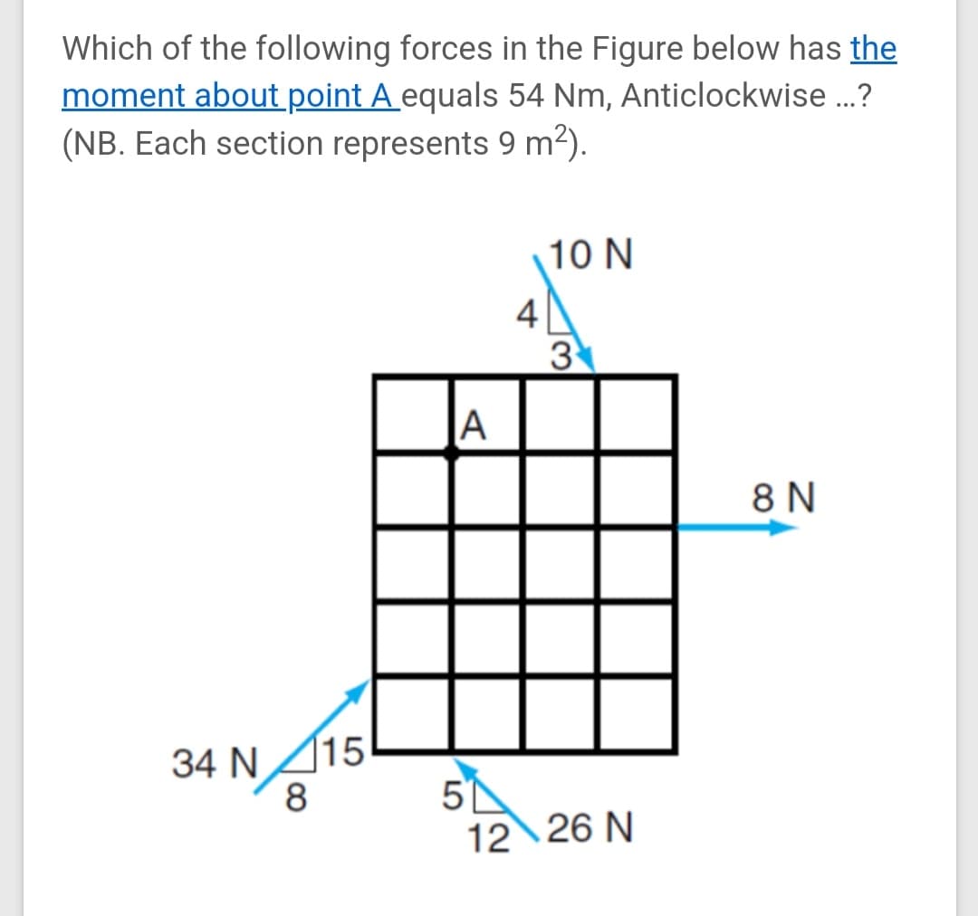 Which of the following forces in the Figure below has the
moment about point A equals 54 Nm, Anticlockwise.?
(NB. Each section represents 9 m2).
10 N
4
3
8 N
34 N15
8
12 26 N
A
