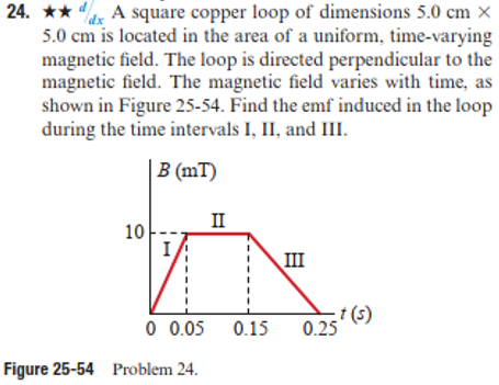 1
24. ★★ A square copper loop of dimensions 5.0 cm x
5.0 cm is located in the area of a uniform, time-varying
magnetic field. The loop is directed perpendicular to the
magnetic field. The magnetic field varies with time, as
shown in Figure 25-54. Find the emf induced in the loop
during the time intervals I, II, and III.
B (mT)
10
II
Figure 25-54 Problem 24.
III
t(s)
0 0.05 0.15 0.25