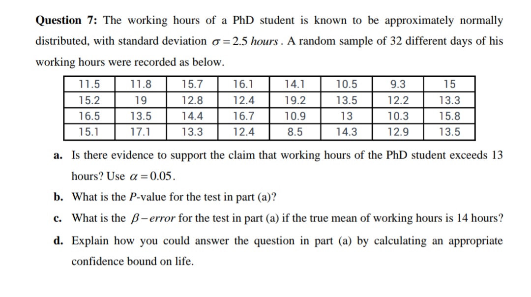 Question 7: The working hours of a PhD student is known to be approximately normally
distributed, with standard deviation o = 2.5 hours . A random sample of 32 different days of his
working hours were recorded as below.
11.5
11.8
15.7
16.1
14.1
10.5
9.3
15
15.2
19
12.8
12.4
19.2
13.5
12.2
13.3
16.5
13.5
14.4
16.7
10.9
13
10.3
15.8
15.1
17.1
13.3
12.4
8.5
14.3
12.9
13.5
a. Is there evidence to support the claim that working hours of the PhD student exceeds 13
hours? Use a =0.05.
b. What is the P-value for the test in part (a)?
c. What is the B-error for the test in part (a) if the true mean of working hours is 14 hours?
d. Explain how you could answer the question in part (a) by calculating an appropriate
confidence bound on life.
