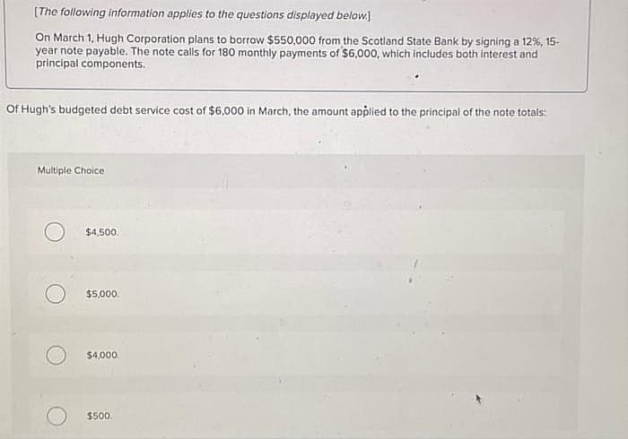 [The following information applies to the questions displayed below.)
On March 1, Hugh Corporation plans to borrow $550,000 from the Scotland State Bank by signing a 12%, 15-
year note payable. The note calls for 180 monthly payments of $6,000, which includes both interest and
principal components.
Of Hugh's budgeted debt service cost of $6,000 in March, the amount applied to the principal of the note totals:
Multiple Choice
$4,500.
$5,000.
$4,000,
$500.
