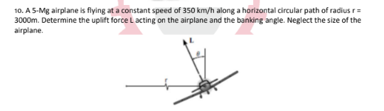 10. A 5-Mg airplane is flying at a constant speed of 350 km/h along a horizontal circular path of radius r=
3000m. Determine the uplift force L acting on the airplane and the banking angle. Neglect the size of the
airplane.
