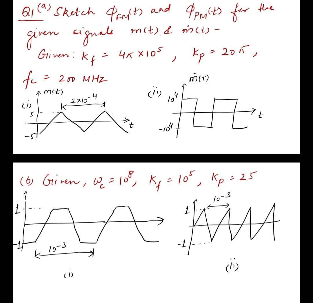 Q1
(a)
Sketch Penfth and
Ppm(t> for the
giren cignale mit).d mt) -
mit).& s 4) -
kf = 4x X105
Kp > 20ñ,
fr
ニ
2 00 MHZ
mct)
-4
2メ10
(り Grinen, 2= 10°, Ky =
10°, Kp = 25
10-3
K lo-3
-1
