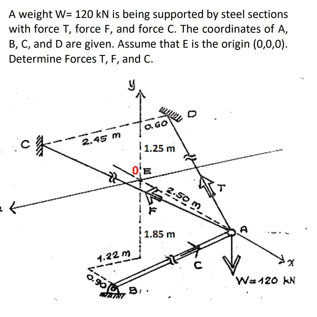 A weight W= 120 kN is being supported by steel sections
with force T, force F, and force C. The coordinates of A,
B, C, and D are given. Assume that E is the origin (0,0,0).
Determine Forces T, F, and C.
O. GO
2.45 m
1.25 m
2.50 m
1.85 m
1.22 m
0.90
Wa120 KN
WATNI
