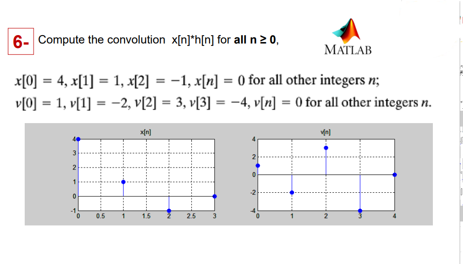 6- Compute the convolution x[n]*h[n] for all n 2 0,
MATLAB
x[0] = 4, x[1] = 1, x[2] = -1, x[n] = 0 for all other integers n;
%3D
%3D
v[0] = 1, v[1] = -2, v[2] = 3, v[3] = -4, v[n]
= 0 for all other integers n.
%3D
x[n]
vịn]
2
1
-2
-1
0.5
1.5
2.5
3
2
3.
2.
