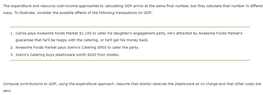 The expenditure and resource cost-income approaches to calculating GDP arrive at the same final number, but they calculate that number in differen
ways. To illustrate, consider the possible effects of the following transactions on GDP:
1. Carlos pays Awesome Foods Market $1,100 to cater his daughter's engagement party. He's attracted by Awesome Foods Market's
guarantee that he'll be happy with the catering, or he'll get his money back.
2. Awesome Foods Market pays JoAnn's Catering $950 to cater the party.
3. JoAnn's Catering buys plasticware worth $200 from Kostko.
Compute contributions to GDP, using the expenditure approach. Assume that Kostko receives the plasticware at no charge and that other costs are
zero.
