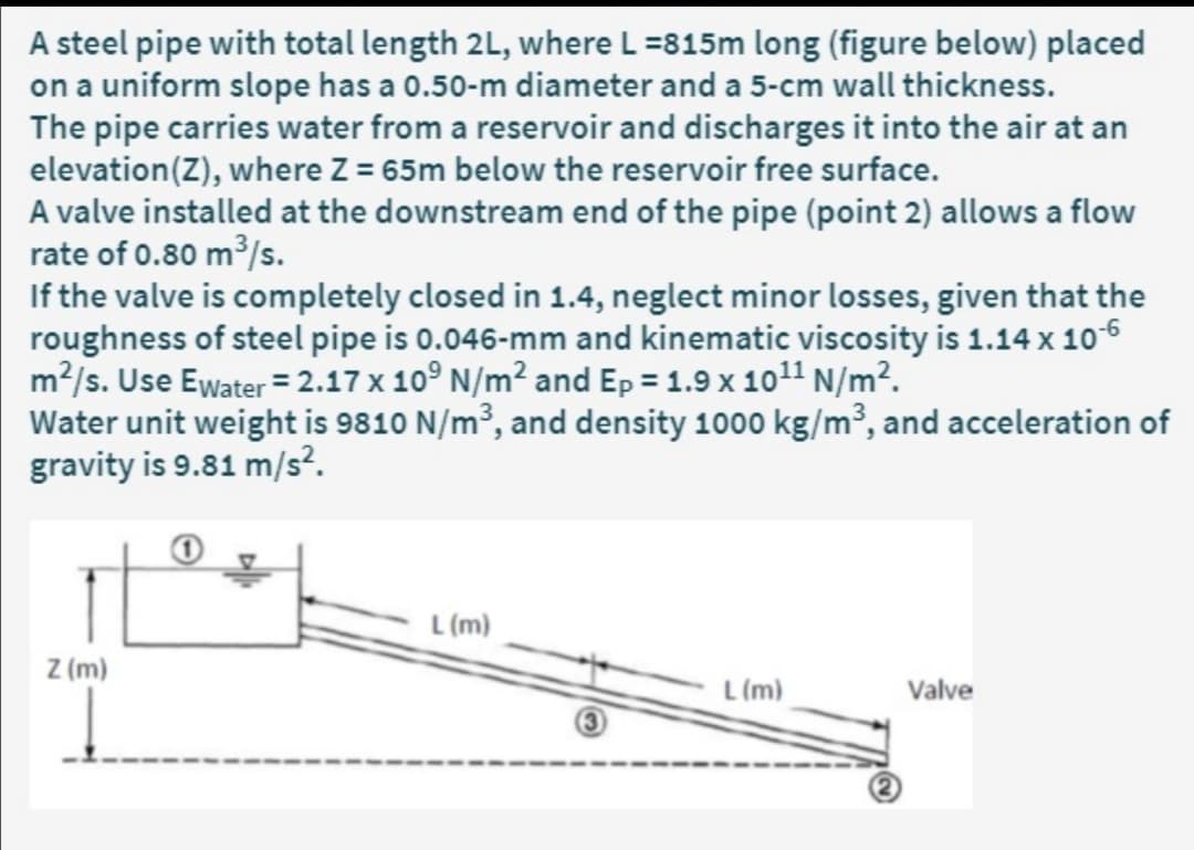 A steel pipe with total length 2L, where L =815m long (figure below) placed
on a uniform slope has a 0.50-m diameter and a 5-cm wall thickness.
The pipe carries water from a reservoir and discharges it into the air at an
elevation(Z), where Z = 65m below the reservoir free surface.
A valve installed at the downstream end of the pipe (point 2) allows a flow
rate of 0.80 m/s.
If the valve is completely closed in 1.4, neglect minor losses, given that the
roughness of steel pipe is 0.046-mm and kinematic viscosity is 1.14 x 10-6
m²/s. Use Ewater = 2.17 x 10° N/m² and Ep = 1.9 x 101 N/m².
Water unit weight is 9810 N/m³, and density 1000 kg/m³, and acceleration of
gravity is 9.81 m/s?.
L (m)
Z (m)
L (m)
Valve

