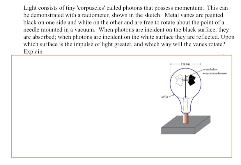 Light consists of tiny 'corpuscles' called photons that possess momentum. This can
be demonstrated with a radiometer, shown in the sketch. Metal vanes are painted
black on one side and white on the other and are free to rotate about the point of a
needle mounted in a vacuum. When photons are incident on the black surface, they
are absorbed; when photons are incident on the white surface they are reflected. Upon
which surface is the impulse of light greater, and which way will the vanes rotate?
Explain.
2.9 H.
กรวยแก้วเล็ก ๆ
ครอบบนปลายเข็มแหลม
