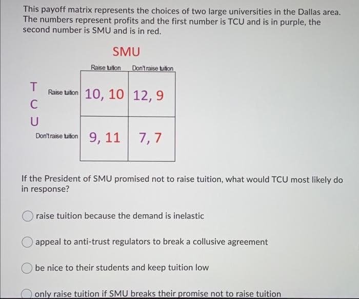 This payoff matrix represents the choices of two large universities in the Dallas area.
The numbers represent profits and the first number is TCU and is in purple, the
second number is SMU and is in red.
SMU
Raise tuiton
Don'traise tuiton
Raise tukon 10, 10 12, 9
C
U
Don'traise tuiton 9, 11
| 7, 7
If the President of SMU promised not to raise tuition, what would TCU most likely do
in response?
raise tuition because the demand is inelastic
appeal to anti-trust regulators to break a collusive agreement
be nice to their students and keep tuition low
only raise tuition if SMU breaks their promise not to raise tuition
