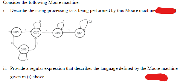 Consider the following Moore machine.
i. Describe the string processing task being performed by this Moore machine
0,1
1
Q0/0
Q2/0
Q3/0
Q4/1
Q1/0
ii. Provide a regular expression that describes the language defined by the Moore machine
given in (i) above.
