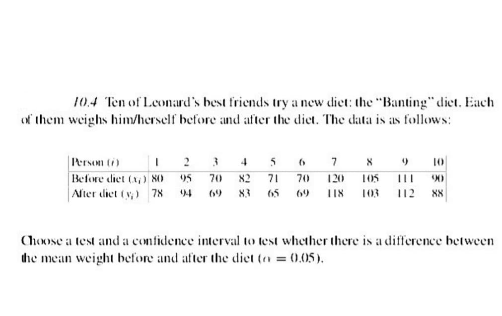 10.4 Ten of Leonard's best friends try a new diet: the "Banting" diet. Each
of them weighs him/herself before and after the diet. The data is as follows:
1
Person (7)
Before diet (x) 80
After diet (y) 78
2 3 4 5 6
95 70 82 71 70
94 69 83 65 69
7
8
9
10
120 105 | | | 90
118 103 112 88
Choose a test and a confidence interval to test whether there is a difference between
the mean weight before and after the diet (o= 0.05).