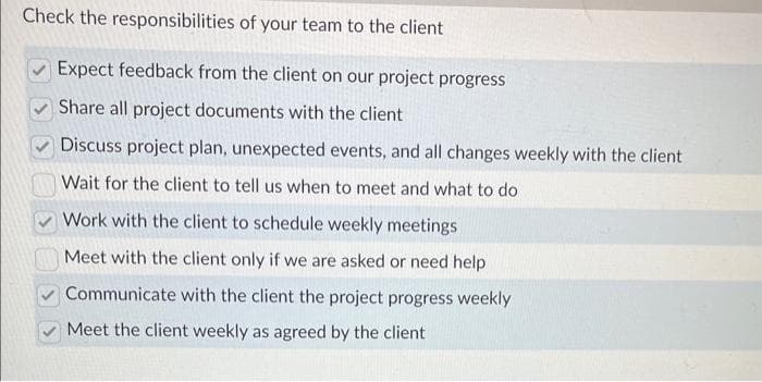 Check the responsibilities of your team to the client
Expect feedback from the client on our project progress
Share all project documents with the client.
Discuss project plan, unexpected events, and all changes weekly with the client
Wait for the client to tell us when to meet and what to do
Work with the client to schedule weekly meetings
Meet with the client only if we are asked or need help
Communicate with the client the project progress weekly
Meet the client weekly as agreed by the client