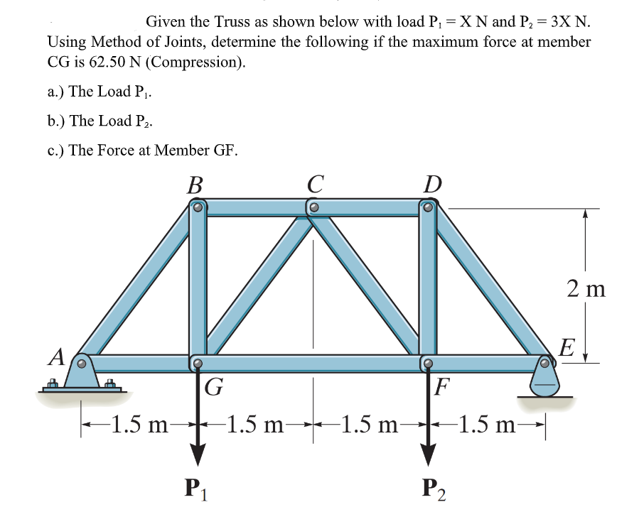 Given the Truss as shown below with load P, = XN and P2 = 3X N.
Using Method of Joints, determine the following if the maximum force at member
CG is 62.50 N (Compression).
a.) The Load P..
b.) The Load P2.
c.) The Force at Member GF.
В
C
D
2 m
E,
A
G
F
-1.5 m-
1.5 m-
1.5 m-
-1.5 m
P1
P2
