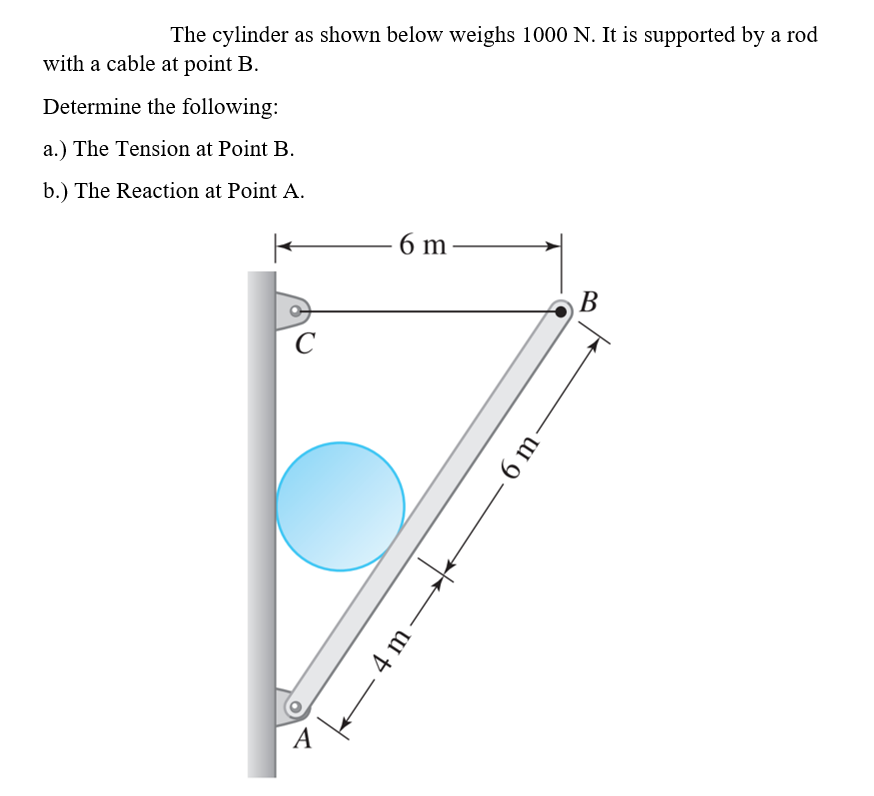 The cylinder as shown below weighs 1000 N. It is supported by a rod
with a cable at point B.
Determine the following:
a.) The Tension at Point B.
b.) The Reaction at Point A.
6 m
В
C
A
6 m
4 m

