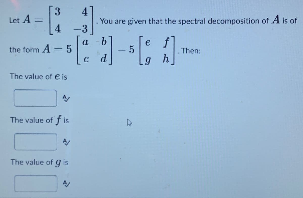 Let A
You are given that the spectral decomposition of A is of
4
a
:5
e
the form A
Then:
d.
The value of e is
The value of f is
The value of g is
3.
