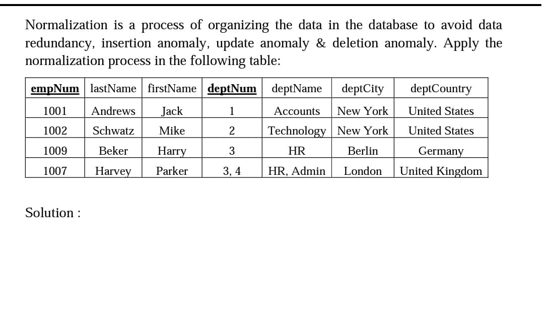 Normalization is a process of organizing the data in the database to avoid data
redundancy, insertion anomaly, update anomaly & deletion anomaly. Apply the
normalization process in the following table:
empNum lastName firstName deptNum
deptName
deptCity
deptCountry
1001
Andrews
Jack
1
Accounts
New York
United States
1002
Schwatz
Mike
2
Technology New York
United States
1009
Beker
Harry
HR
Berlin
Germany
1007
Harvey
Parker
3, 4
HR, Admin
London
United Kingdom
Solution :
