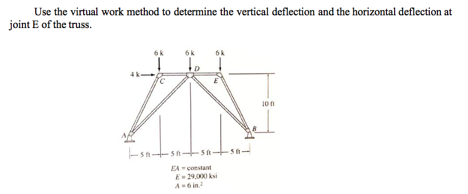 Use the virtual work method to determine the vertical deflection and the horizontal deflection at
joint E of the truss.
4 k-
6k
-sa-
6 k
to
6 k
-5--5---5ft
EA constant
E = 29,000 ksi
A = 6 in.²
B
10 ft